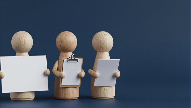 Three wooden figures hold blank papers, symbolizing teamwork or decision-making.