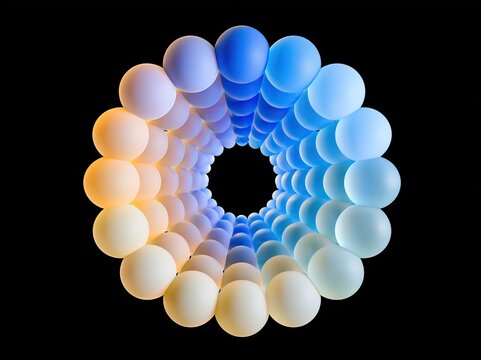 Toroidal circular tunnel made of gradient color spheres from warm peach to cool blue on black background shows abstract modern 3d geometric art
