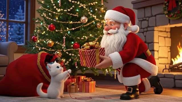 Santa Claus gives a Christmas gift to a cute kitten near a decorated tree