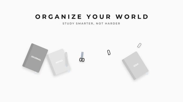 Organization and study tools for productivity and learning with office supplies and text