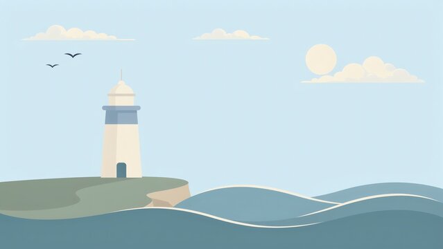 Minimalist lighthouse vector illustration featuring coastal scenery with calm ocean waves with lighthouse cliff overlooking
