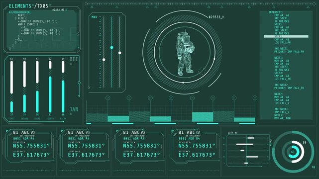 Animated screen showing the processing of data related to space mission