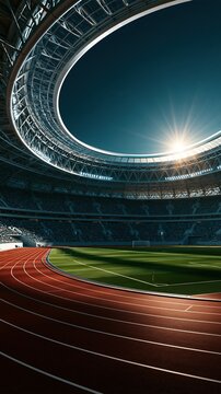 Empty large professional football stadium with green grass pitch and red running track under bright sun light shows modern large sports arena architecture