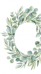 Watercolor green eucalyptus and olive branch wreath with copy space © Shane
