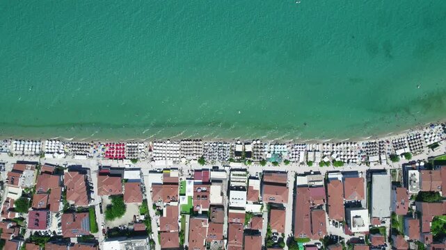 Aerial View of Polychrono Beach and Town in Chalkidiki Greece