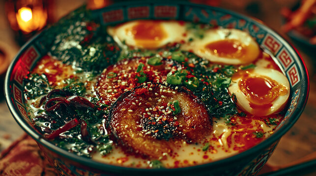 Delicious bowl of tonkotsu ramen with chashu pork and soft boiled egg japanese delicious