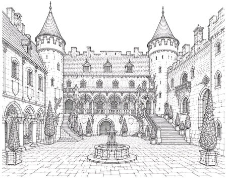 Castle courtyard, medieval courtyard, historic castle, medieval architecture, European castle, castle interior, fortress courtyard, stone courtyard, ancient architecture, historic architecture, royal 