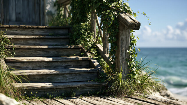 Rustic wooden stairs leading to ocean beach with lush green foliage landscape tropical vacation