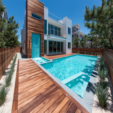 Modern luxury house with swimming pool and wooden deck patio swimming exterior residence