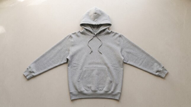 blank grey hoodie sweatshirt laid flat with sleeves spread out on concrete background, minimalist apparel design mockup template