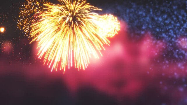 3D Render A mesmerizing 3D render of a vibrant fireworks display unfolding against a dark, starless night sky