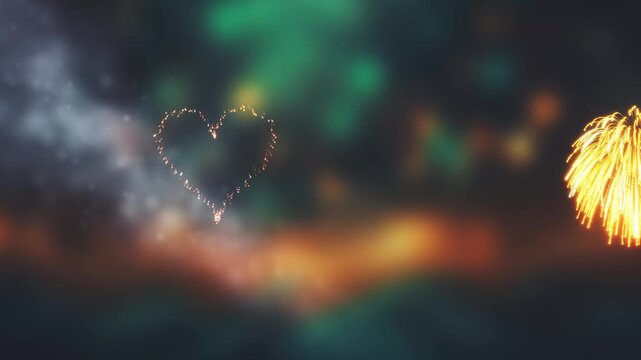 3D Render A captivating display of fireworks against a dark, atmospheric night sky.
