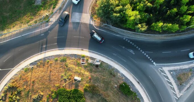 Aerial View Traffic Roundabout Chalkidiki Greece Highway Cars Moving