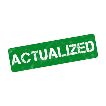Actualized green rubber stamp, distressed grunge text icon, professional realization and completion mark on white background