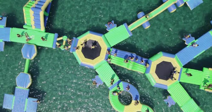Aerial View People Enjoying Inflatable Aqua Park Glarokavos Beach Halkidiki