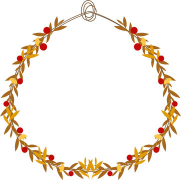 Vector illustration of a modern minimalist autumn wreath with leaves and red berries.