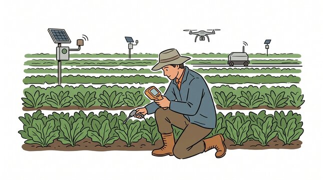 Farmer uses advanced technology drone and robot for precision agriculture in a modern farm field