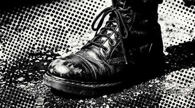 black and white high contrast illustration of a worn leather combat boot on a halftone background