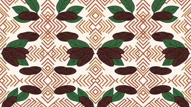 seamless pattern of dates fruit with green leaves and geometric middle eastern motifs