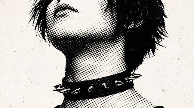 black and white halftone pop art illustration of a person wearing a spiked leather collar