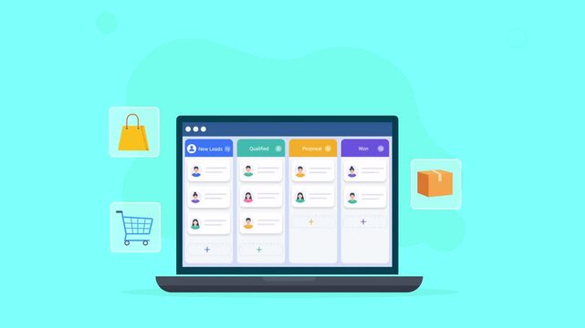Modern flat vector animation of a laptop displaying a kanban task dashboard with shopping, security, product, and ecommerce management elements.