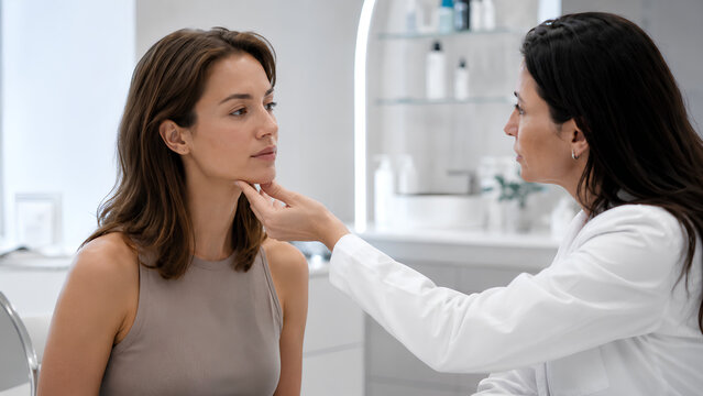 Female doctor examining jawline and lower face of European woman before PDRN polynucleotide skin booster facial treatment