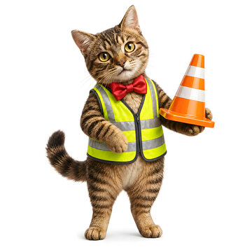 Cute Tabby Cat Construction Worker Holding a Traffic Cone Isolated on White Background