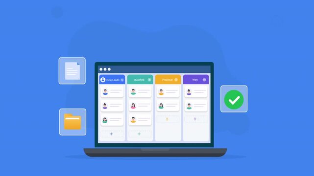 Modern flat vector animation of a laptop displaying a kanban task management dashboard with document, folder, and task completion elements for business workflow concepts.