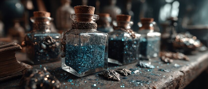 Futuristic alchemist potion bottles filled with glowing blue essence for the year 2050 experiment
