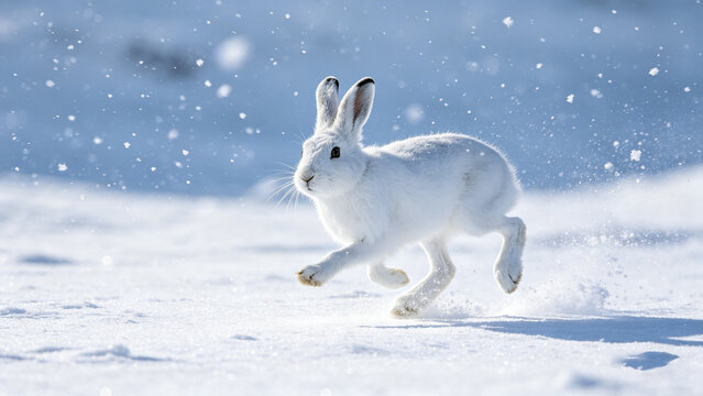 Peaceful White Rabbit Resting in Fresh Snowy Winter Landscape with Soft Fluffy Fur and Serene Holiday Nature Background