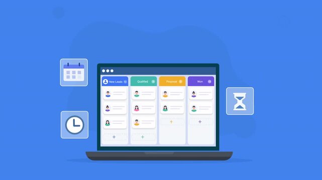 Modern flat vector animation of a laptop displaying a kanban task management dashboard with calendar, clock, timer, and workflow scheduling elements.