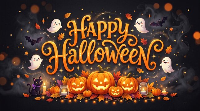 A festive and spooky happy halloween greeting card design featuring glowing jack o lanterns and cute little ghosts