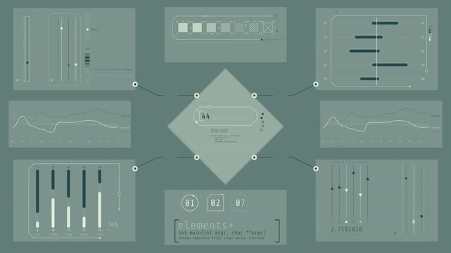 Animated interface filled with graphs depicting data processing and analysis