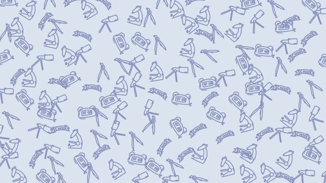 Blue repeating pattern with microscope and telescope icons ideal for educational graphics, laboratory designs, and science equipment concepts.