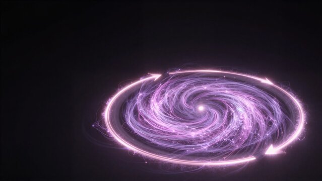 Purple spiral vortex with glowing arrows, cosmic energy swirling in dark space.