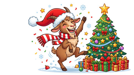 Fototapeta premium Funny Christmas goat dancing joyfully beside a decorated Christmas tree, wearing a ridiculous oversized Santa hat and striped scarf, one hoof raised in the air, funny happy expression, festive 