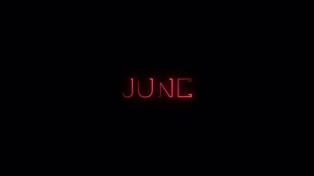 Glowing neon shine month name June text animation on black background. Glowing colorful neon text month of June. new modern digital neon shine Month name June text animation