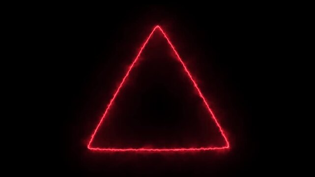 Neon glowing red triangle frame pulsating with energy on black background motion.