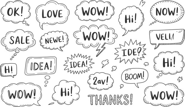 Hand drawn speech and thought bubble collection with comic words OK, LOVE, WOW, HI, SALE, NEW, IDEA, BOOM, ZAP, and THANKS. Doodle style lettering set.