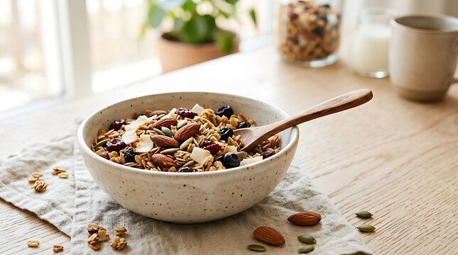 Homemade granola with nuts, seeds, and dried cranberries in a ceramic bowl with a wooden spoon on a linen napkin, set on a bright wooden table with a cup of coffee and milk jar.