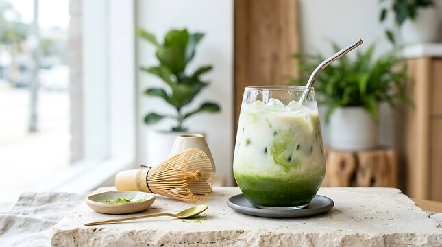 Layered iced matcha green tea latte in a clear glass with a metal straw, placed on a stone coaster with a bamboo matcha whisk, spoon, and green powder near a window with house plants.