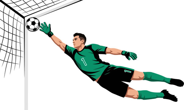 Dynamic professional soccer goalkeeper diving to perform a spectacular save at the goal net top corner