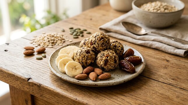 Homemade oat energy balls arranged on a plate with banana slices, dates, and almonds, surrounded by loose oats and seeds on a wooden table near a window with a bowl of oats behind.