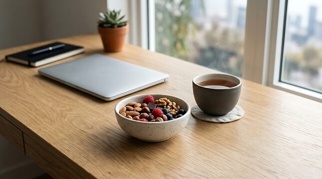 Small bowl of mixed nuts and dried berries served alongside a cup of tea on a wooden desk with a laptop, notebook, pen, and small potted succulent placed near a bright window.