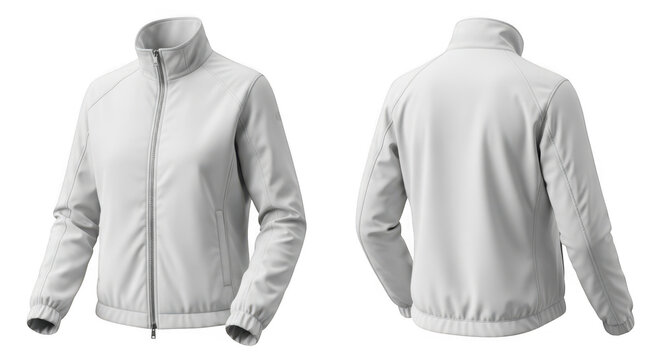 White women's sports jacket. Front and back view of a casual windbreaker for activewear.