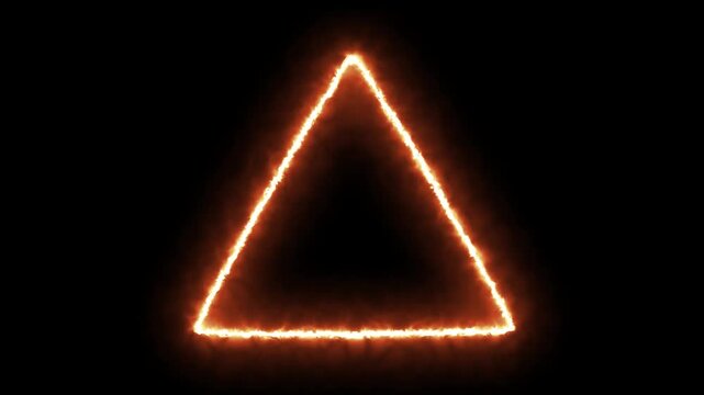Burning triangle frame glowing with orange fire over black background footage.