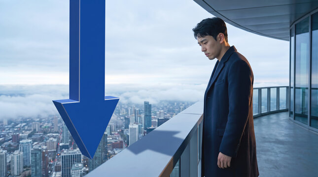 구름 낀 전망대에서 하락 화살표를 내려다보는 남성 &middot; Dejected Man on Observation Deck by Blue Down Arrow