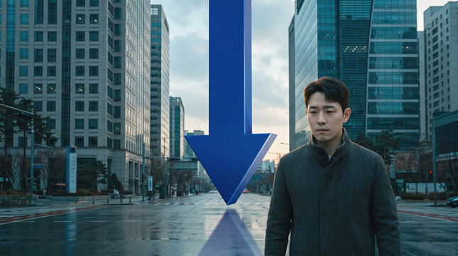 빌딩 거리 위 하락 화살표 앞에 선 심각한 남성 &middot; Serious Man on City Street Beneath Blue Downward Arrow