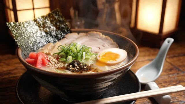 Authentic Japanese Tonkotsu Ramen with Chashu Pork, Soft Boiled Egg, and Nori in Traditional Bowl