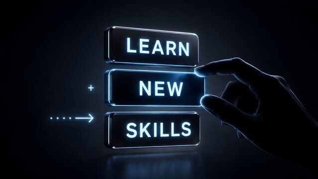 Human hand finger touching a glowing button with learn new skills text. Concept of personal growth, career development, and educational training.
